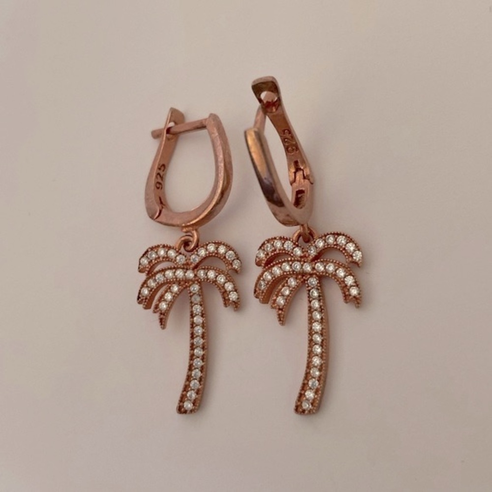 🌴925 Silver palm tree cz dangling hoop earrings 14k rose gold plated - Picture 3 of 3